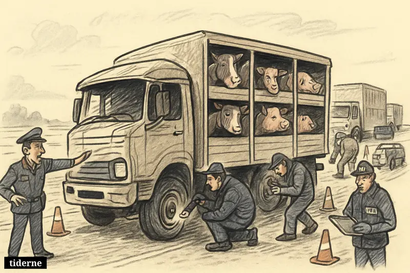A caricature roadside inspection shows animal trucks with technical flaws while calm cows and pigs look out as police and inspectors check them.