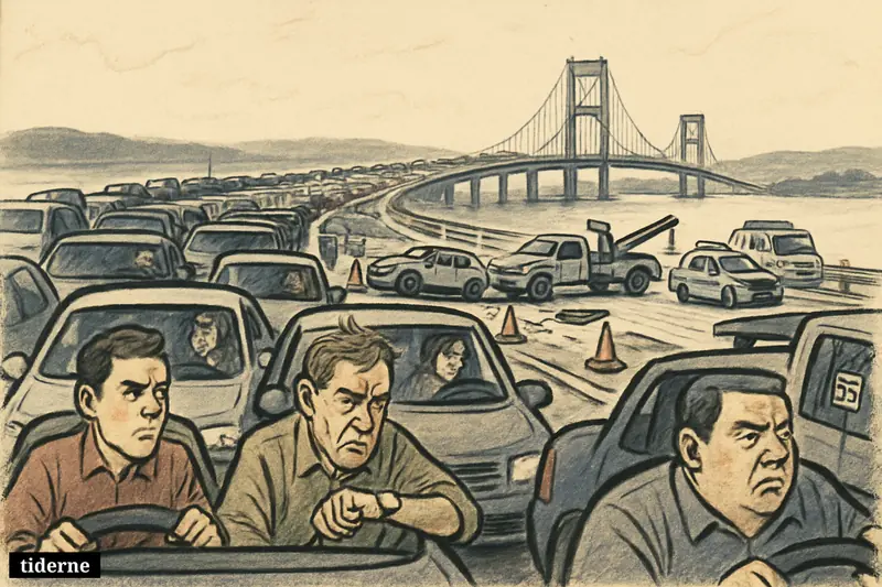 Traffic crawls toward a major bridge as damaged cars are cleared from the roadside after a motorway accident near Taulov.