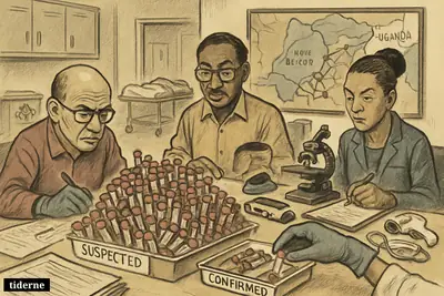 A caricature outbreak monitoring room with many medical samples, maps of DR Congo and Uganda, and a small set of confirmed test specimens.