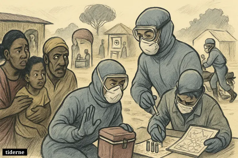 Health workers in protective gear reassure a cautious family at an Ebola response post with vaccines, testing supplies, and field equipment.