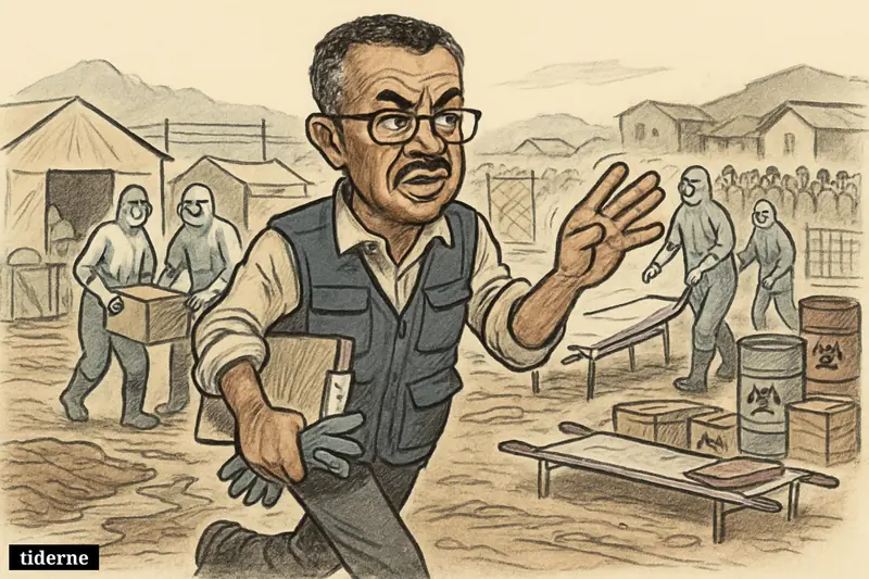 Caricature of WHO chief Tedros walking through an Ebola treatment zone in Congo as aid workers in protective gear respond urgently.