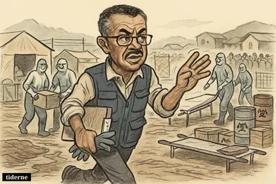 Caricature of WHO chief Tedros walking through an Ebola treatment zone in Congo as aid workers in protective gear respond urgently.