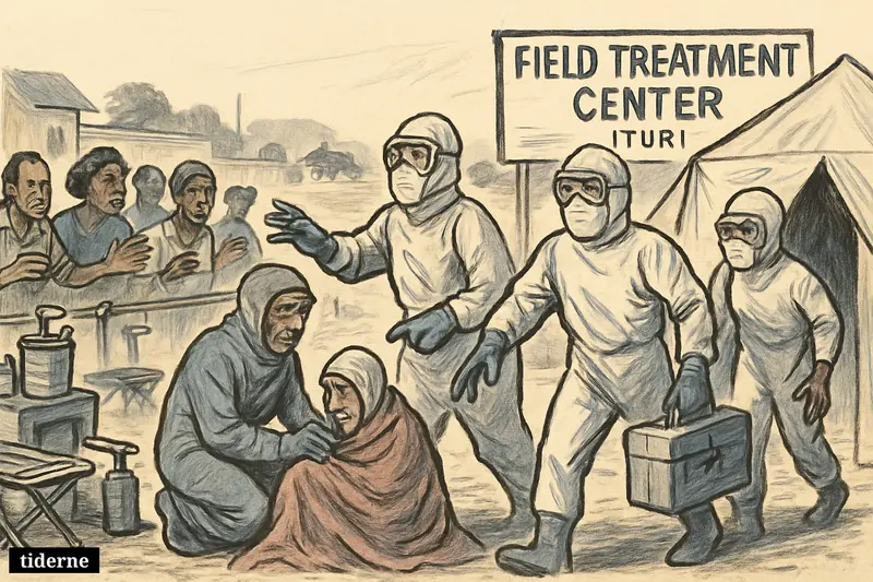 Healthcare workers in protective suits assist an Ebola patient outside a treatment center as anxious families wait behind a barrier in DR Congo.