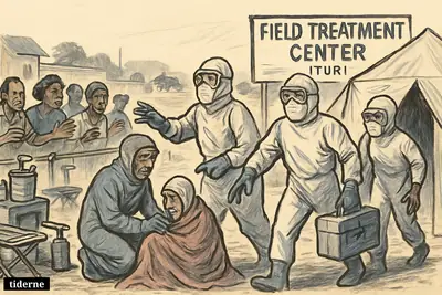 Healthcare workers in protective suits assist an Ebola patient outside a treatment center as anxious families wait behind a barrier in DR Congo.