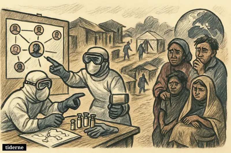 Health workers in protective gear trace Ebola contacts in a Congo village while a distant globe remains separated from the outbreak.