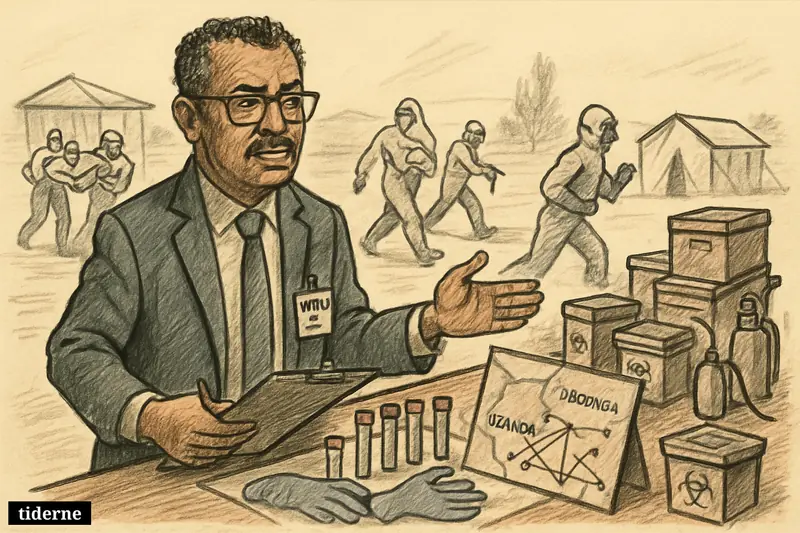 Caricature of Tedros directing Ebola response efforts at a field clinic, with health workers, maps, medical supplies, and signs of cross-border spread.