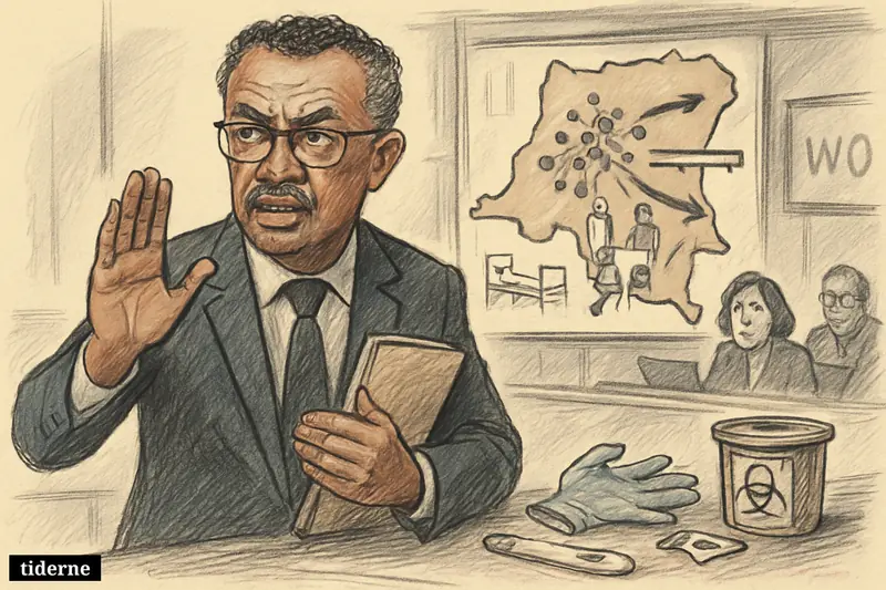 Tedros Adhanom Ghebreyesus warns in a WHO crisis room as outbreak markers spread across DR Congo toward hospitals and borders.