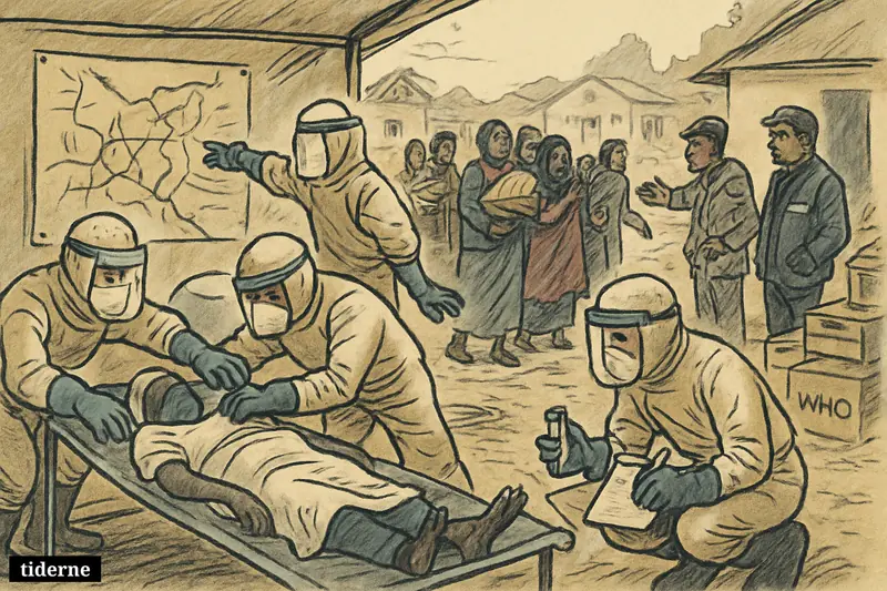 Healthcare workers in protective gear treat an Ebola patient in a strained DR Congo clinic as families, vaccination efforts, and contact tracing unfold nearby.