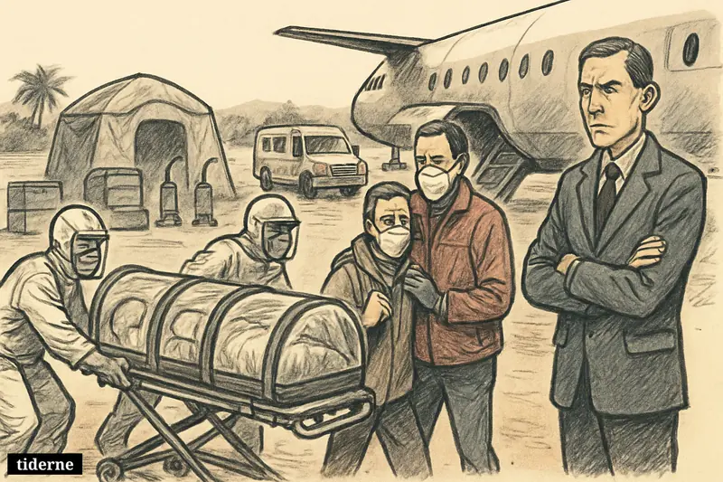 Protected medics load a sealed patient stretcher onto a quarantine plane at a Congo airstrip during a controlled Ebola evacuation.