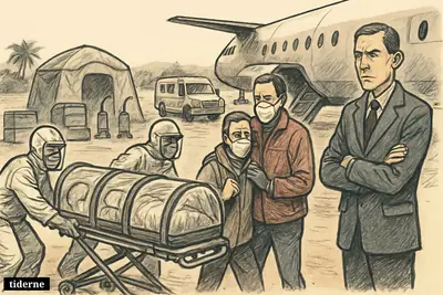 Protected medics load a sealed patient stretcher onto a quarantine plane at a Congo airstrip during a controlled Ebola evacuation.