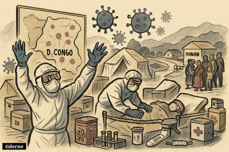 Protective-suited health workers at a Congo border checkpoint confront an escalating Ebola outbreak as anxious travelers wait near tents and medical equipment.