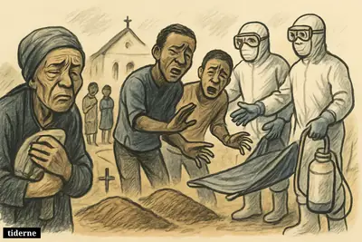 Grieving family at two graves in Ituri as protected health workers enforce a rapid Ebola-safe burial in a tense cemetery scene.