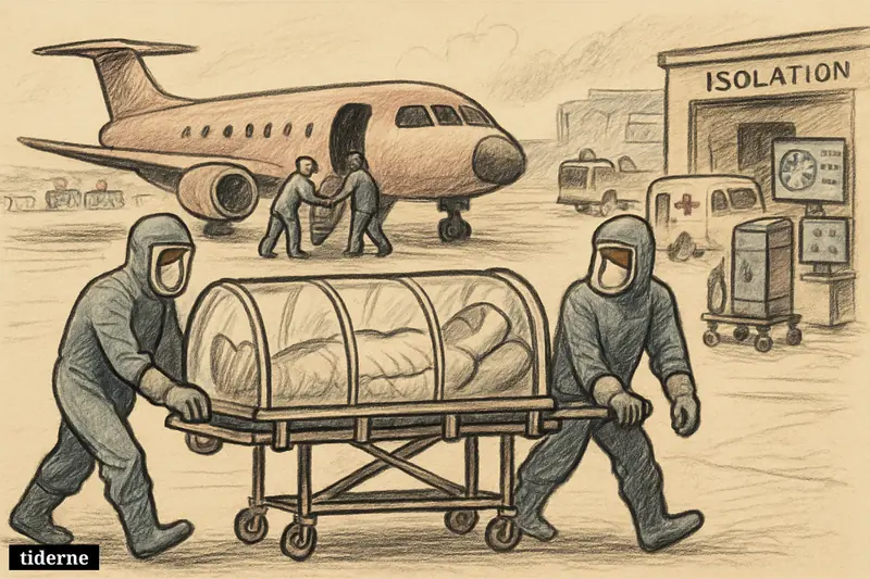Protective-suited medical teams transfer an Ebola patient in a sealed isolation pod from aircraft to a German high-isolation hospital entrance.