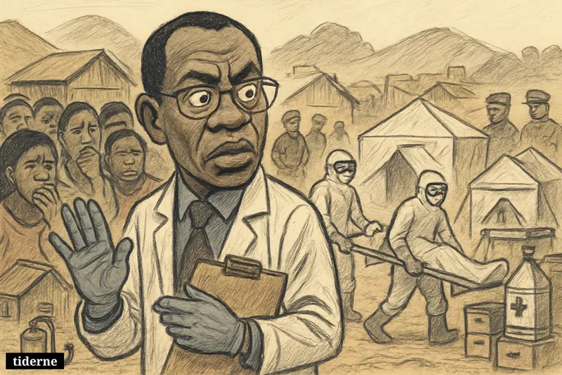 Caricature of Congo’s health minister facing a fearful mining-town Ebola outbreak, with residents, health workers, a stretcher, and emergency response tents.