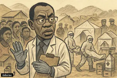 Caricature of Congo’s health minister facing a fearful mining-town Ebola outbreak, with residents, health workers, a stretcher, and emergency response tents.