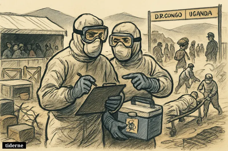 Protective-suited health workers manage an Ebola emergency at a crowded Congo-Uganda border crossing with patients, travelers, tents, and medical equipment.