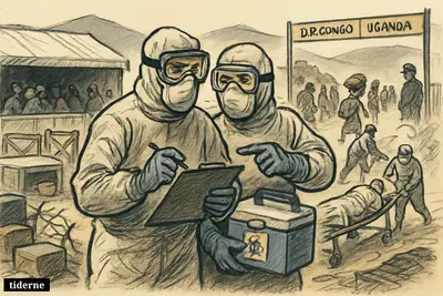 Protective-suited health workers manage an Ebola emergency at a crowded Congo-Uganda border crossing with patients, travelers, tents, and medical equipment.