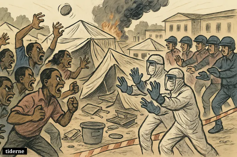 An enraged crowd attacks hospital tents as protective-suited health workers and police struggle to contain chaos outside an Ebola treatment area.