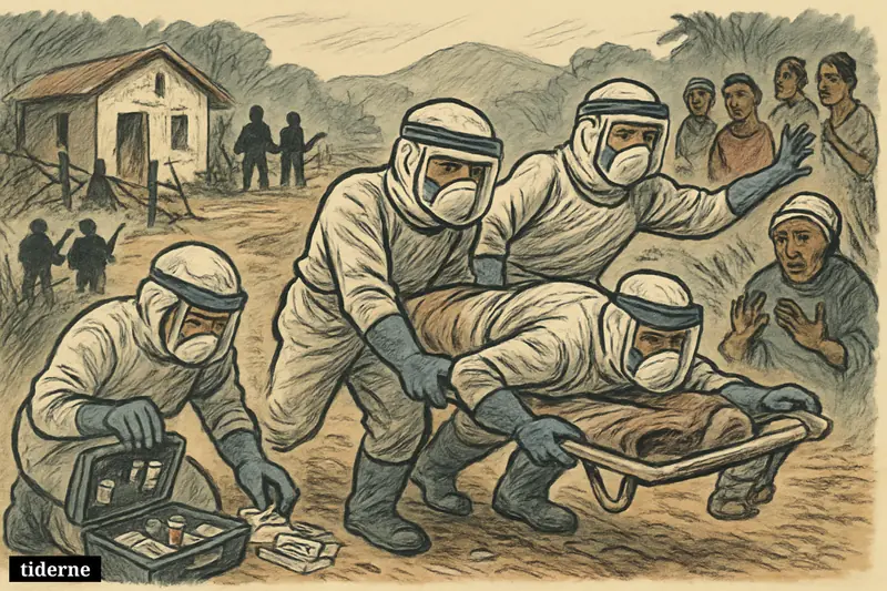 Exhausted Ebola responders in protective gear carry a patient past a damaged clinic and conflict checkpoint in rural Ituri.