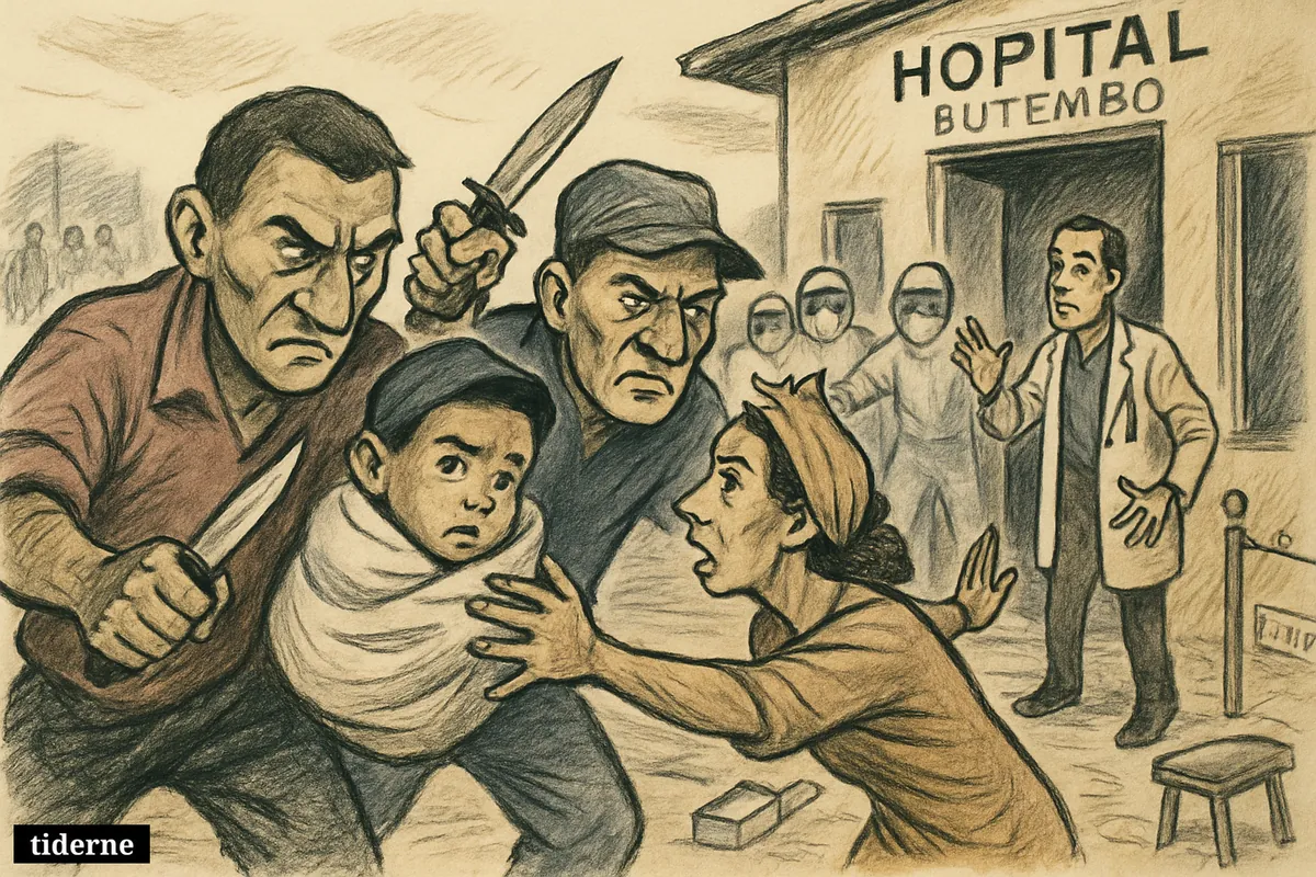 Armed men carry a small child from a hospital as the mother and protected medical staff reach after them in a chaotic outbreak scene.
