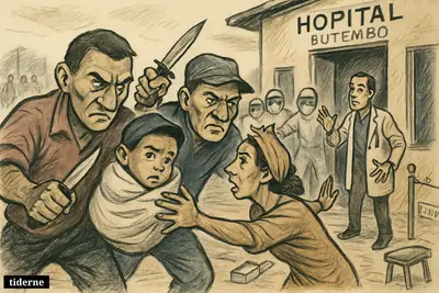 Armed men carry a small child from a hospital as the mother and protected medical staff reach after them in a chaotic outbreak scene.