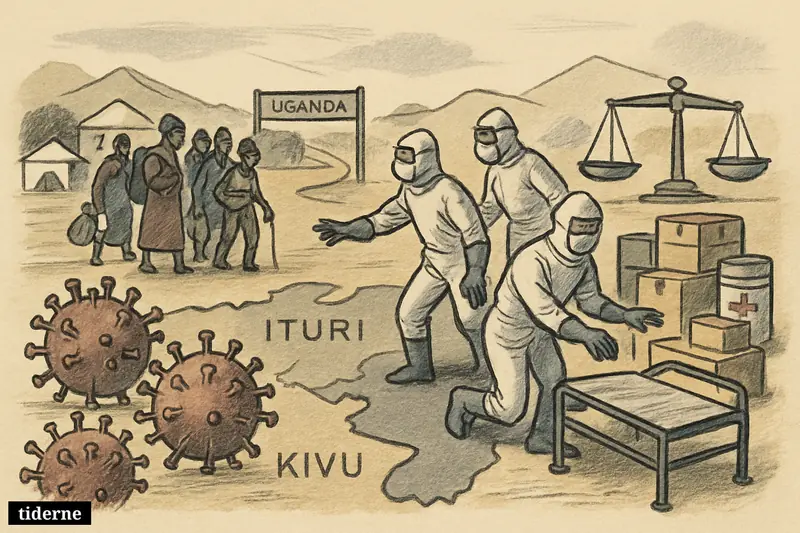 Caricature of an Ebola outbreak scene in eastern DR Congo, with virus forms advancing as protected health workers and villagers react nearby.
