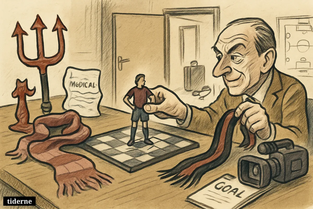 A football transfer office shows a collapsed deal and a rival club moving in, with medical props, scarves, and a midfield chessboard. (AI-genereret illustration)