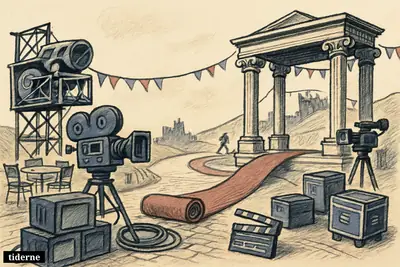 A rebuilt TV festival stage in Edinburgh with broadcast gear, empty planning chairs, and equipment leaving one way while new setups arrive. (AI-genereret illustration)