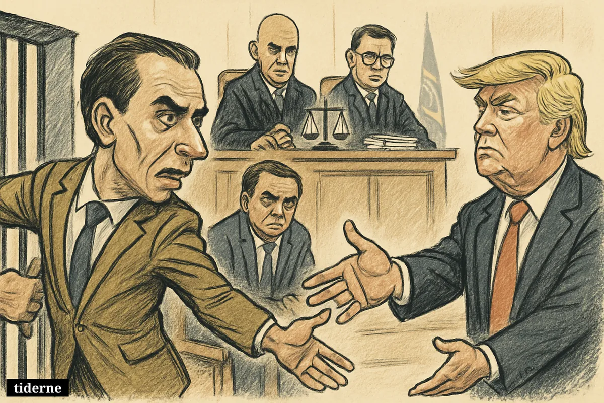 Caricature of Eduardo Bolsonaro in Brazil’s supreme court reaching toward Donald Trump while judges sentence him and Jair Bolsonaro watches.