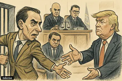 Caricature of Eduardo Bolsonaro in Brazil’s supreme court reaching toward Donald Trump while judges sentence him and Jair Bolsonaro watches.