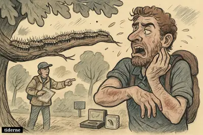 Oak processionary caterpillars crawl along a branch as a hiker scratches irritated skin and another person keeps a cautious distance in a park. (AI-genereret illustration)