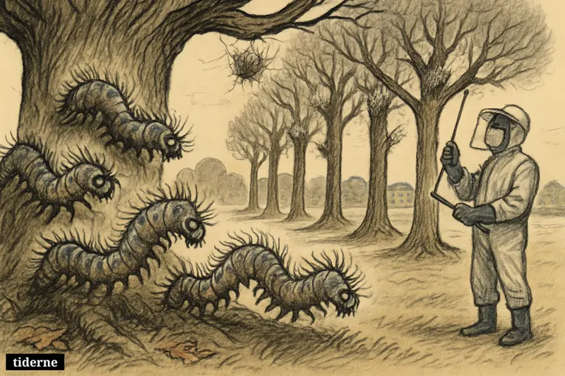 Exaggerated oak processionary caterpillars infest oak trees while a protected worker inspects the dangerous nests in a park-like setting.