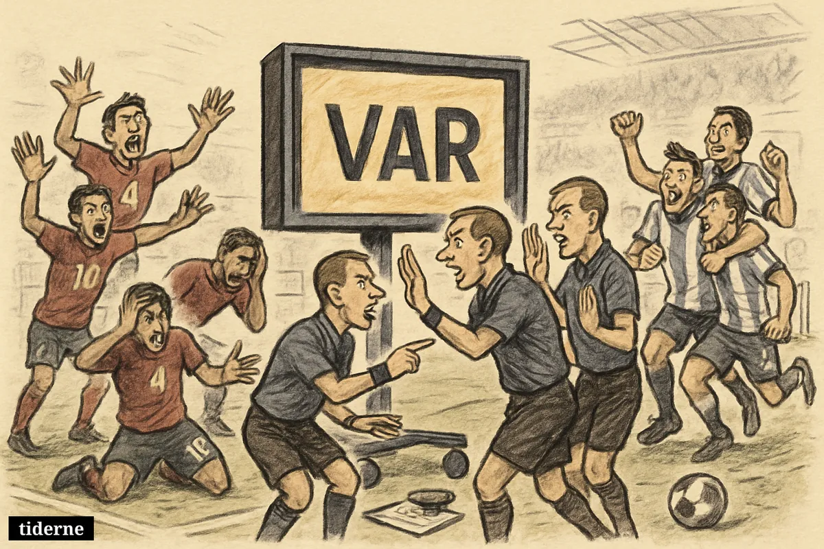 A chaotic football match scene with a VAR monitor, protesting Egyptian players, referees under pressure, and celebrating Argentine players near the touchline. (AI-genereret illustration)