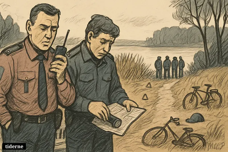 Police and search team stand solemnly by a lakeside forest path near Maribo, with abandoned personal items and a news van nearby.