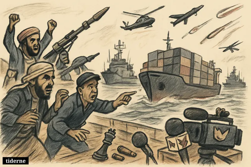 Cargo ship under attack in the Red Sea, Houthi fighters on shore, warships approaching, and Fox-themed news gear nearby.