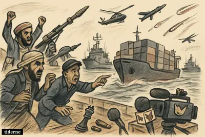 Cargo ship under attack in the Red Sea, Houthi fighters on shore, warships approaching, and Fox-themed news gear nearby.
