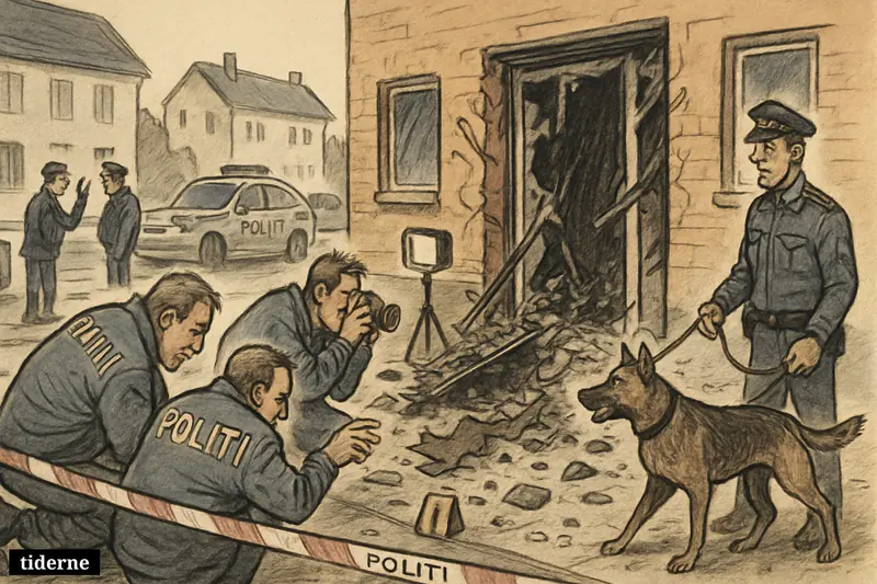 Police investigators examine an explosion-damaged suburban building while officers question a witness behind cordons on a blocked street.