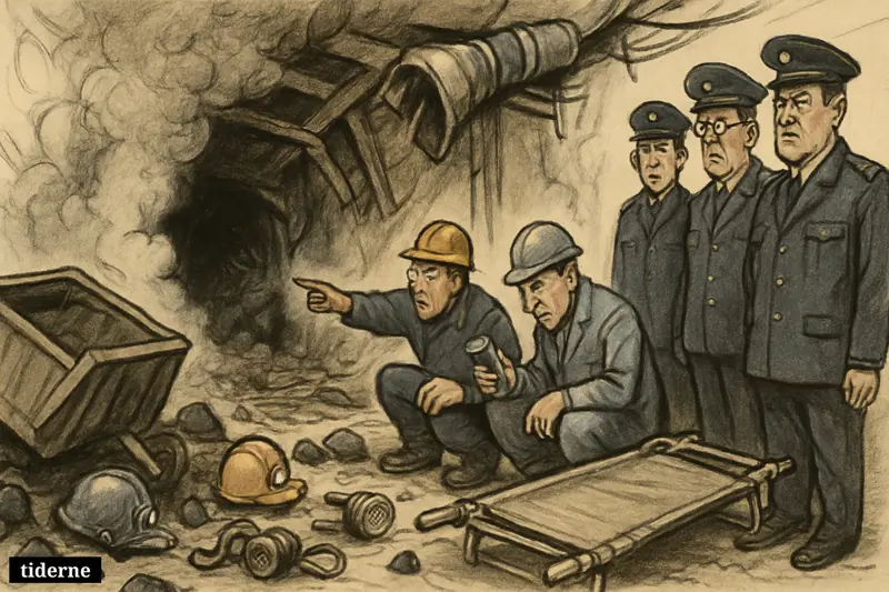 Caricature scene of a devastated coal mine entrance with wreckage, investigators, rescue gear, and authorities examining an explosion site.