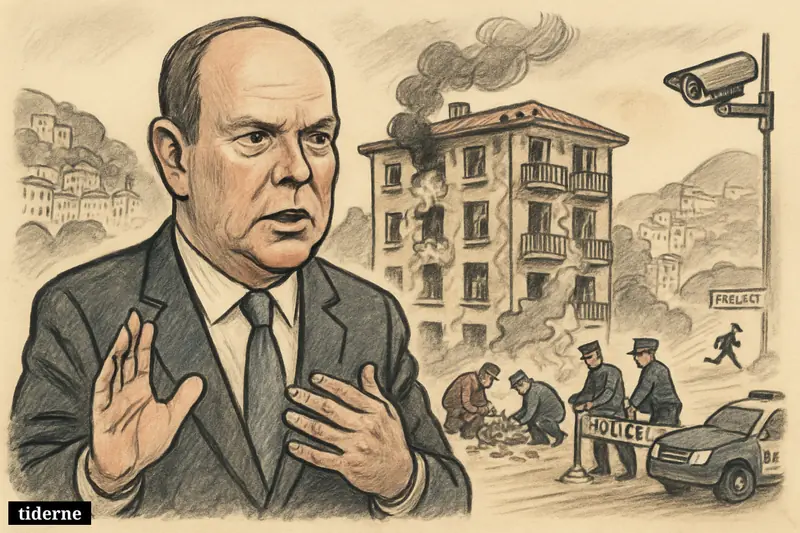 Prince Albert II stands grimly before a blast-damaged Monaco apartment block as police investigate and a suspect flees toward France.
