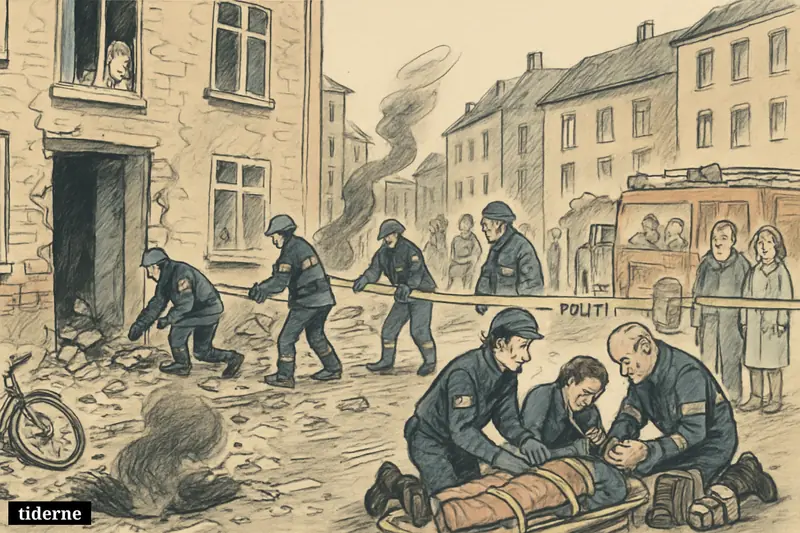 Emergency crews respond to a severe explosion on a residential street, treating an injured person while police cordon off the damaged area.