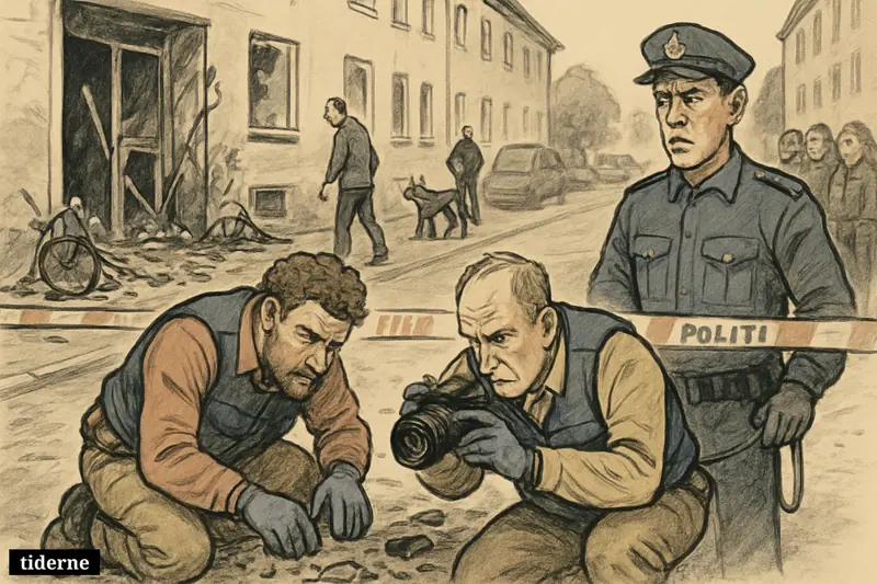 Police investigators examine blast damage on a cordoned residential street in Amager as officers secure the area and residents watch from afar.