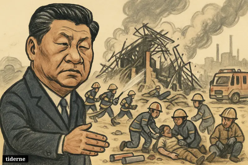 Xi Jinping stands grimly before a wrecked fireworks factory as firefighters and medics rescue injured workers amid smoke and debris.