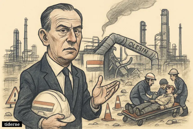 Caricature of Zsolt Hernádi before a damaged MOL petrochemical plant, holding a hard hat as injured workers and emergency responders fill the scene.