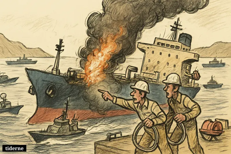 A damaged tanker in the Strait of Hormuz burns near the stern as crew and rescue boats respond in a tense maritime crisis.