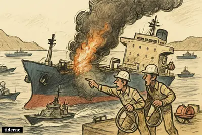 A damaged tanker in the Strait of Hormuz burns near the stern as crew and rescue boats respond in a tense maritime crisis.