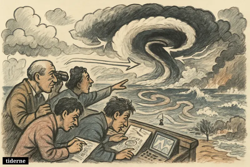 Scientists on a coastal platform watch a giant Pacific storm pattern forming as waves, clouds, drought, and smoke suggest global weather disruption.