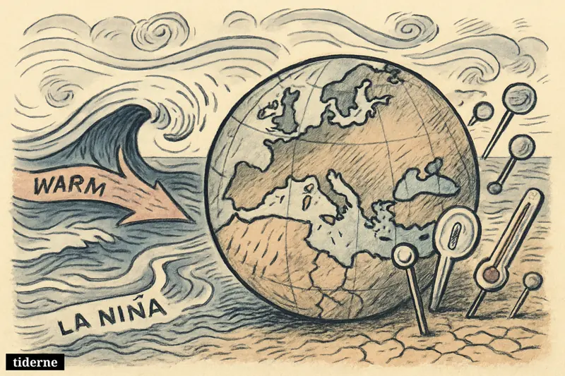 A caricature globe shows Pacific ocean forces pushing strange rain, wind, and drought patterns toward Europe.