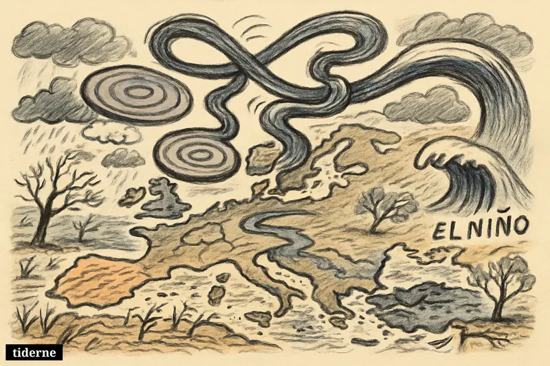 A caricature map-like Europe shows drought, floods, twisted jet stream loops, and an incoming El Niño current intensifying chaotic spring weather.