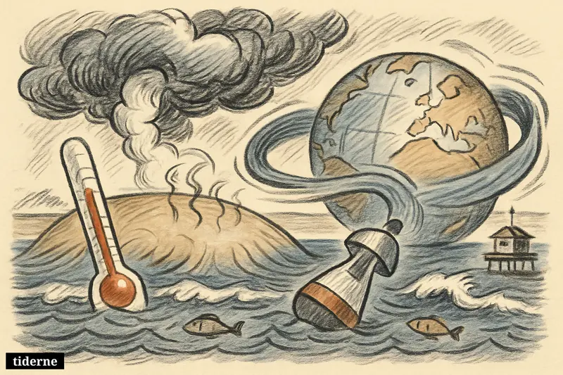 A caricature of overheated Pacific waters swelling around a globe, with twisted clouds, waves, and weather instruments signaling rising global temperatures.