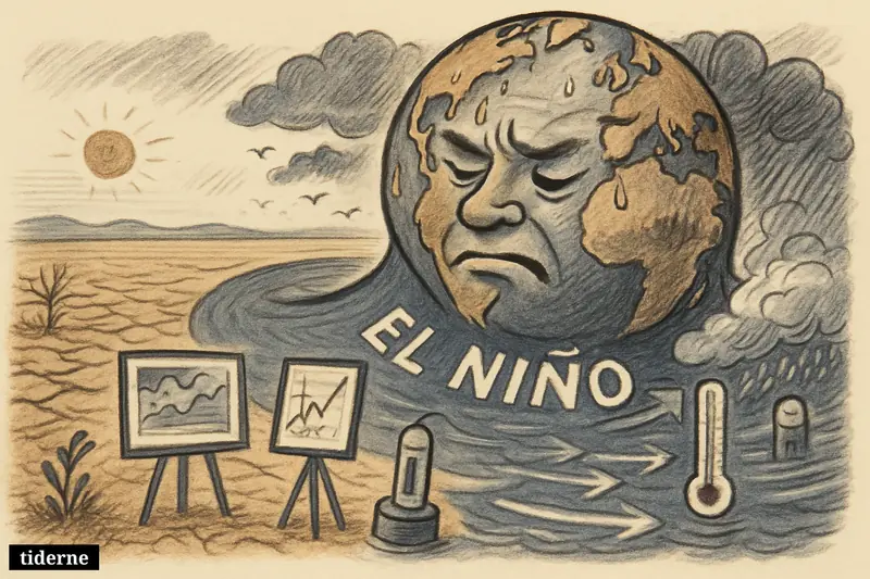 A caricature globe overheats above a swelling Pacific Ocean as forecast tools, thermometers, drought, and storms show El Niño’s global threat.